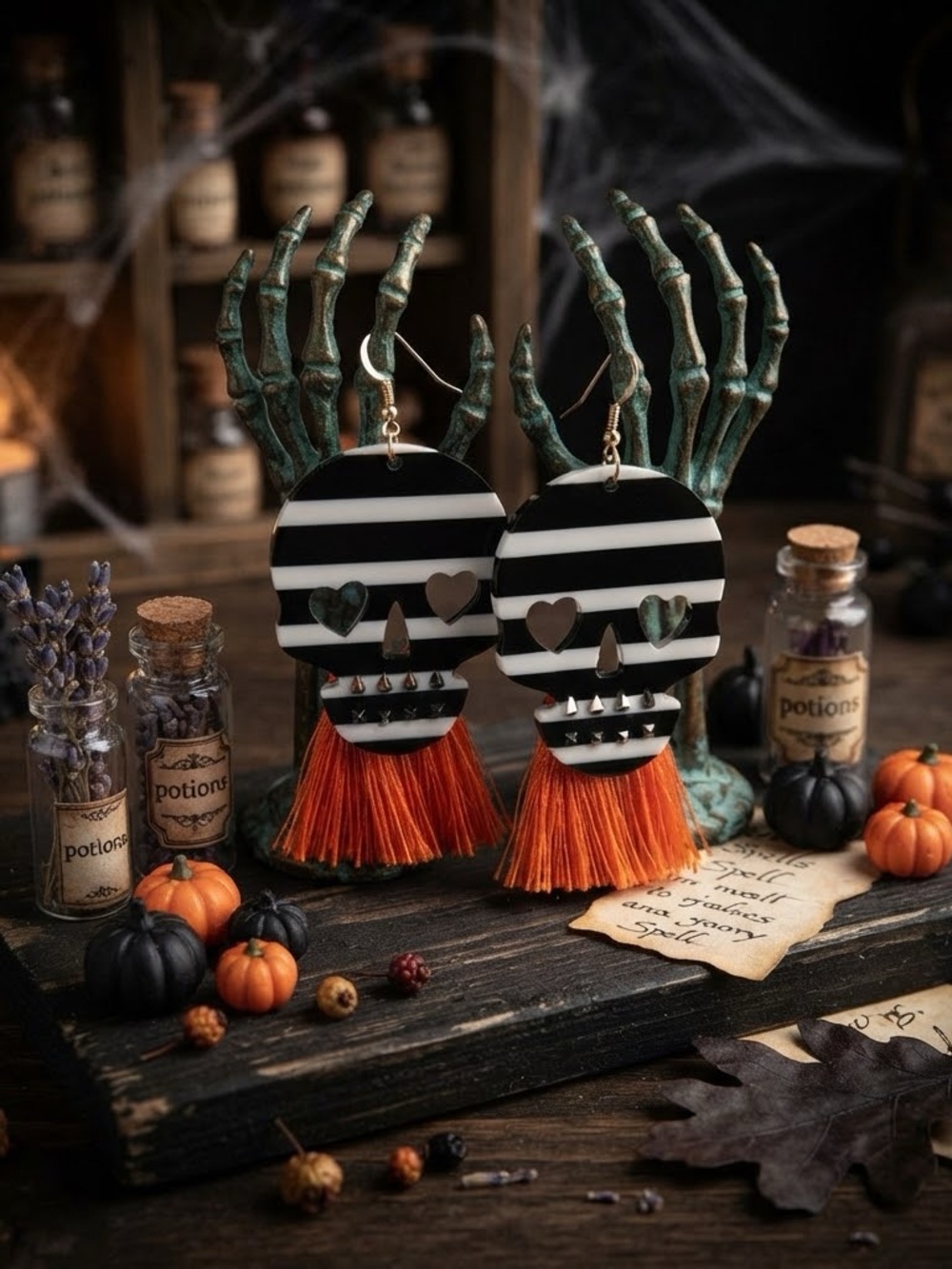 Plunder Black & White Striped Skull Earrings with Orange Tassels